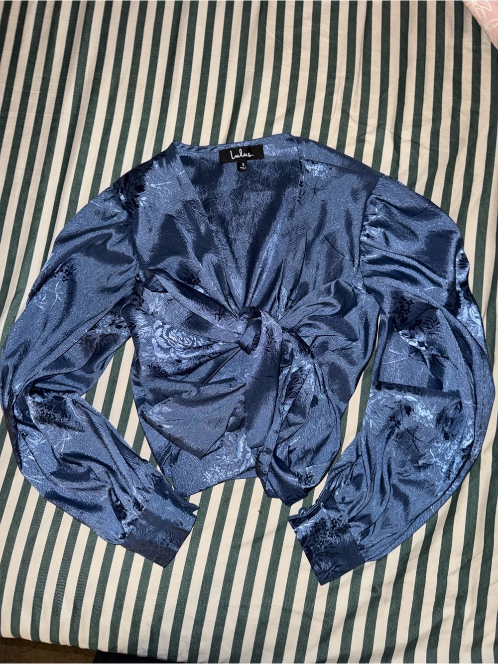 Lulu's Navy Satin Floral Tie-Front Blouse